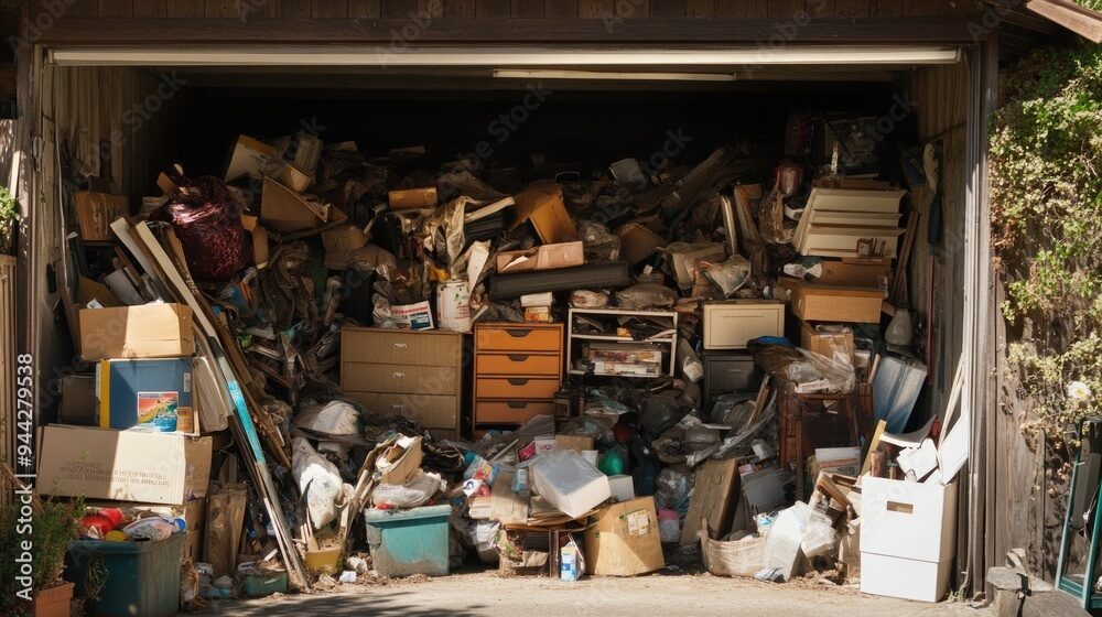Garage packed full of boxes and clutter before a cleanout