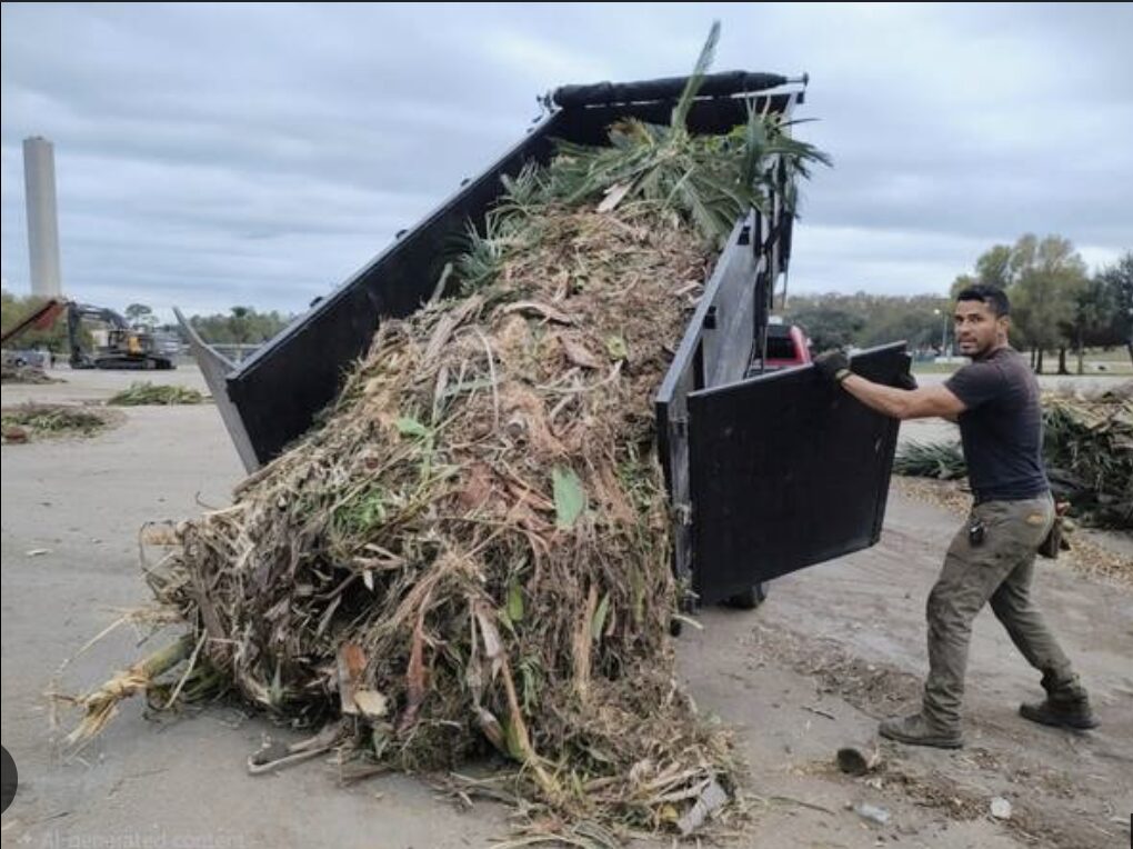 Yard debris being unloaded from a trailer